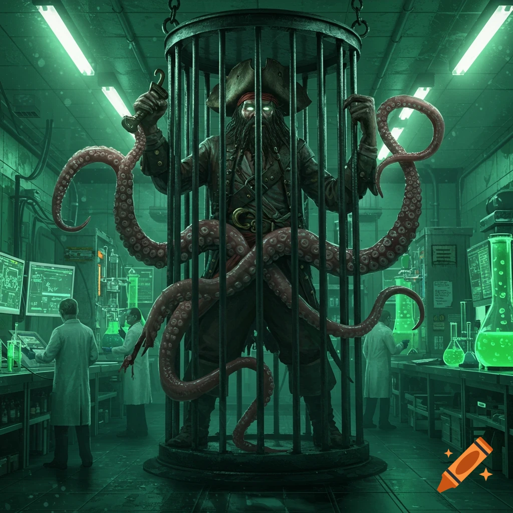 A monstrous pirate with tentacles and glowing eyes is caged in a green-lit laboratory, observed by scientists.