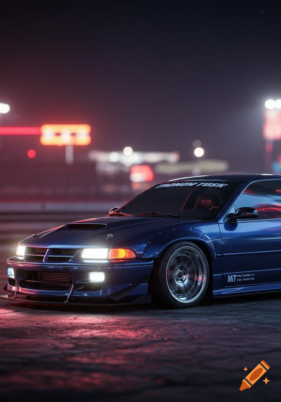 A dark blue pro-touring style custom car with bright headlights on a wet street at night, with blurred red and white lights in the background.