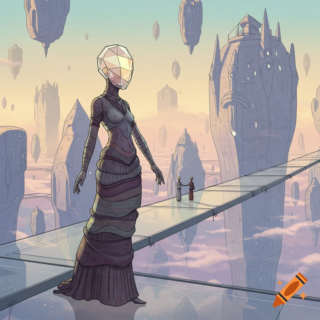 Elegant woman with a faceted head on a glass bridge over a city of floating towers, in a surreal Moebius style.