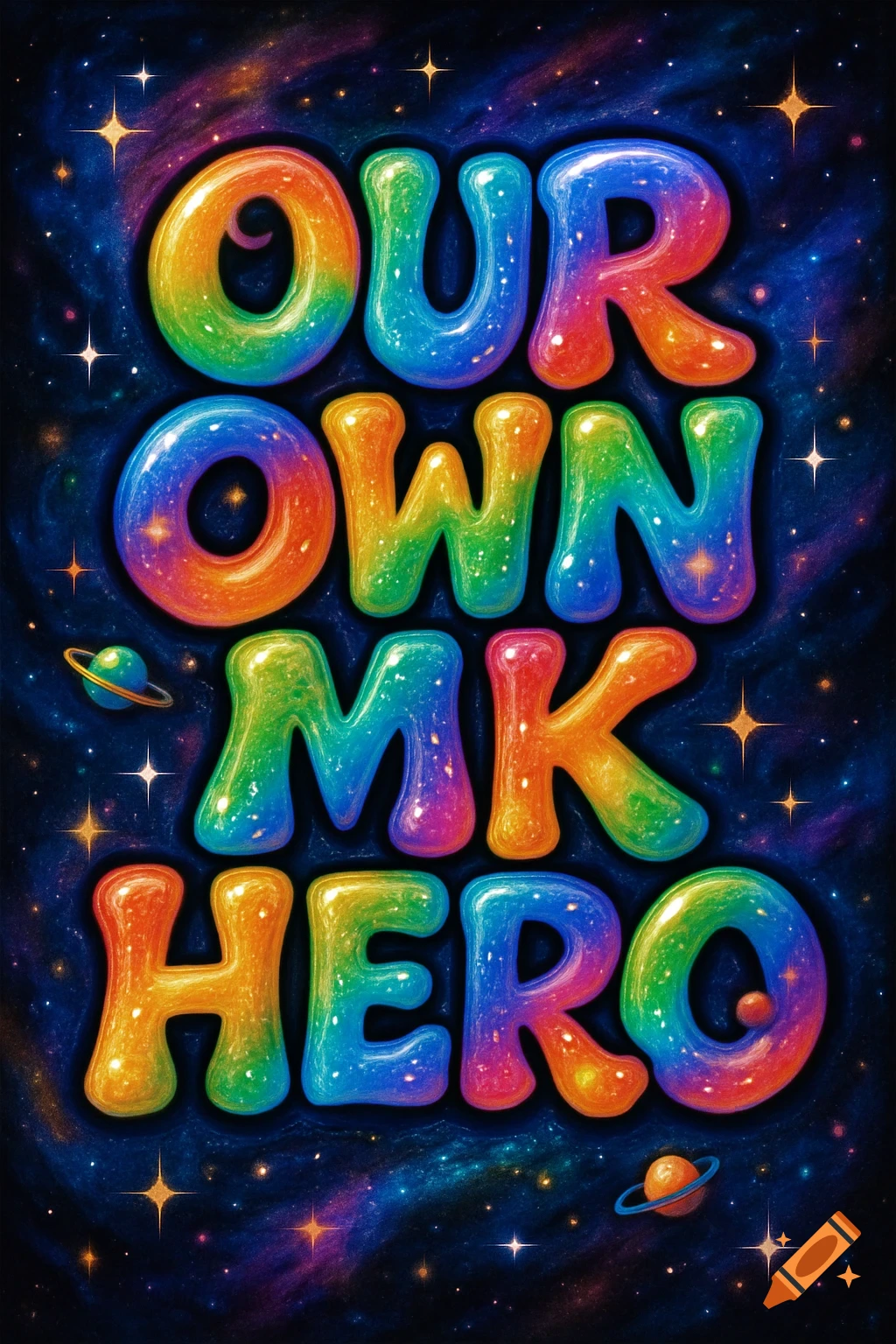 Colorful bubble letters spelling 'OUR OWN MK HERO' set against a starry galaxy background with planets.