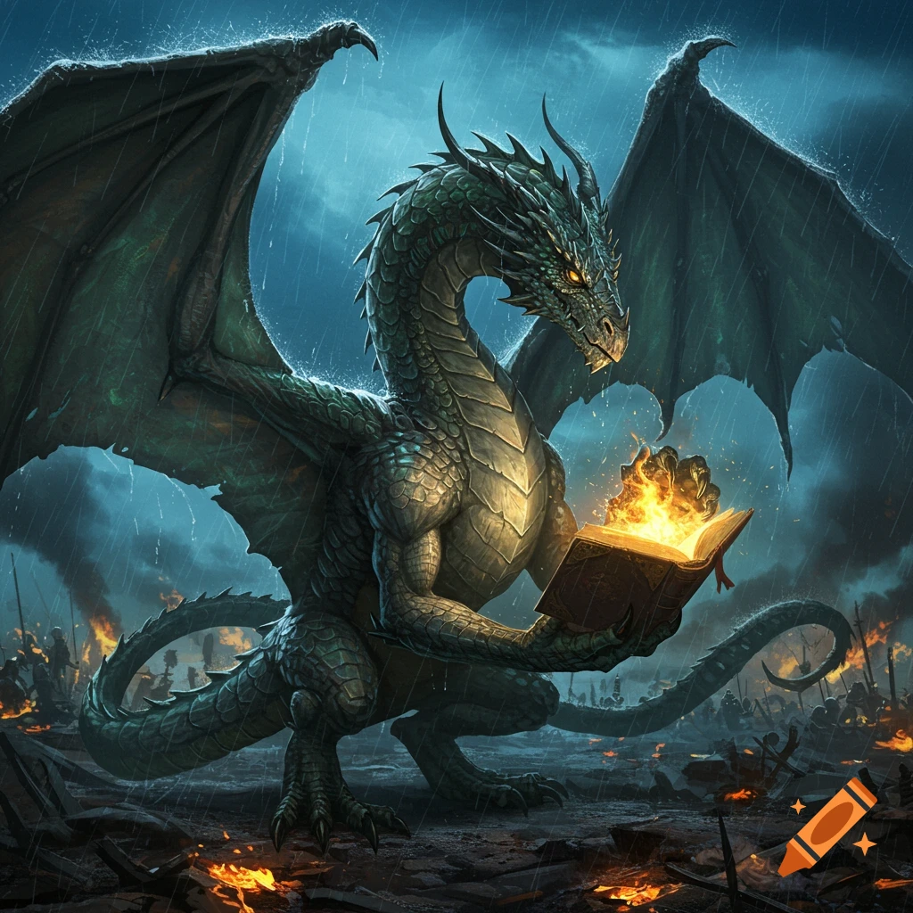 A green dragon with large wings reads a book illuminated by a flame in a rainy, burning warzone at night.