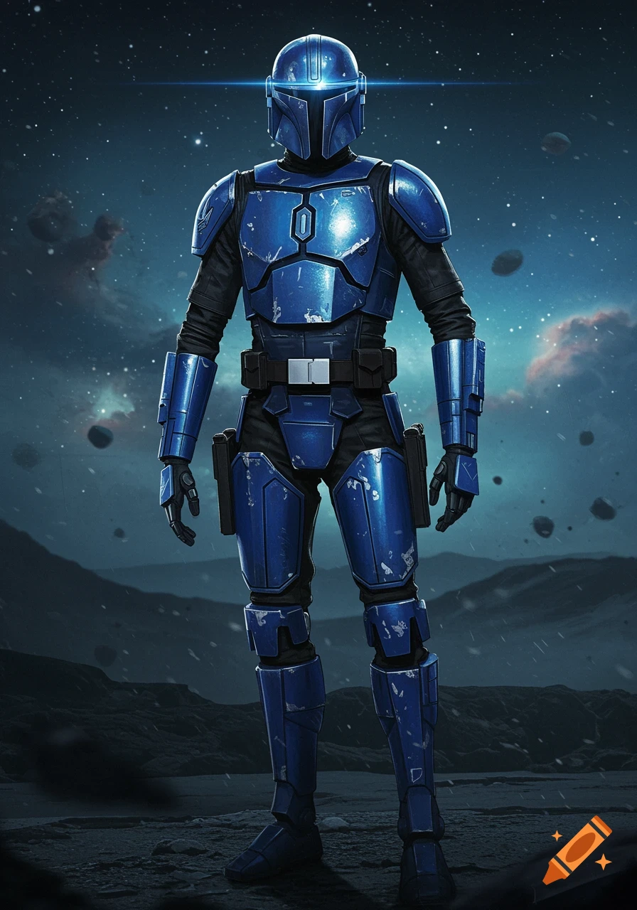 A character in blue Mandalorian armor stands on a rocky planet under a starry, cloudy sky with floating asteroids.