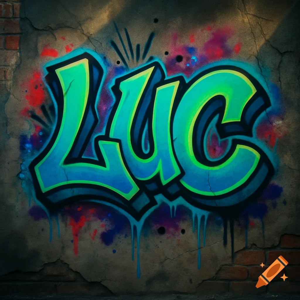 Graffiti art of the name Luc in vibrant green and blue stylized letters on a distressed concrete wall.