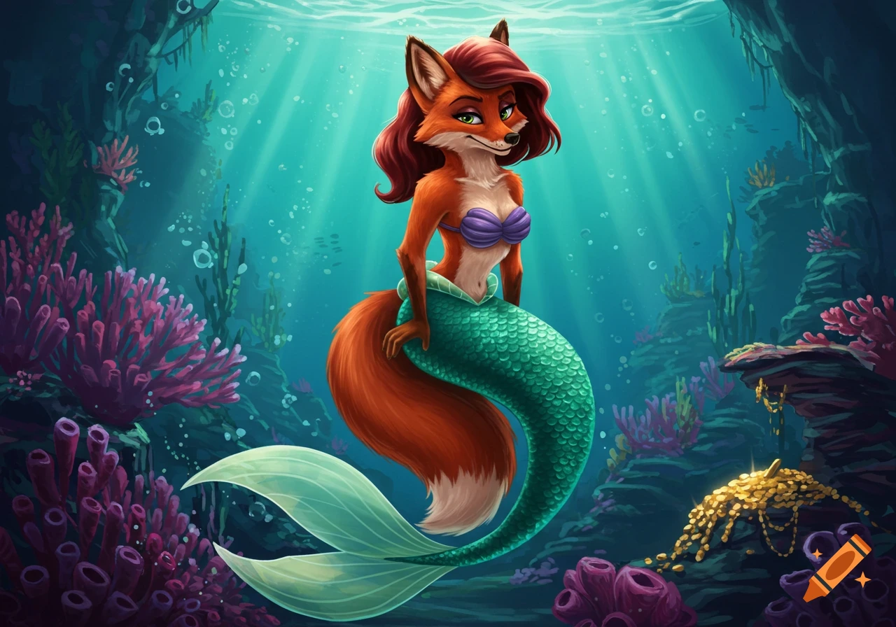 Anthropomorphic red fox character with red hair, purple seashell top, and green mermaid tail underwater, surrounded by colorful coral and a pile of gold.