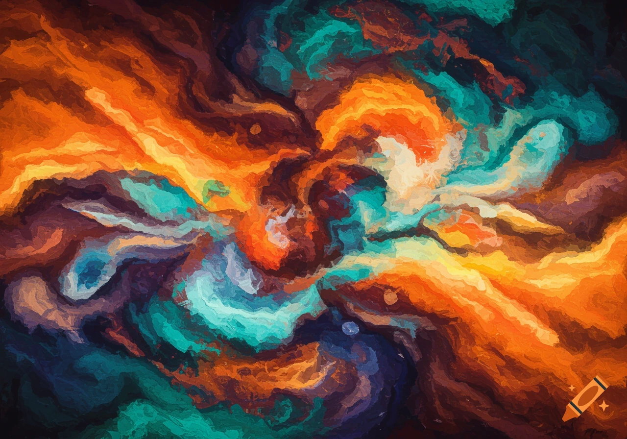 Abstract painting with swirling patterns of orange, teal, and blue in a textured style.