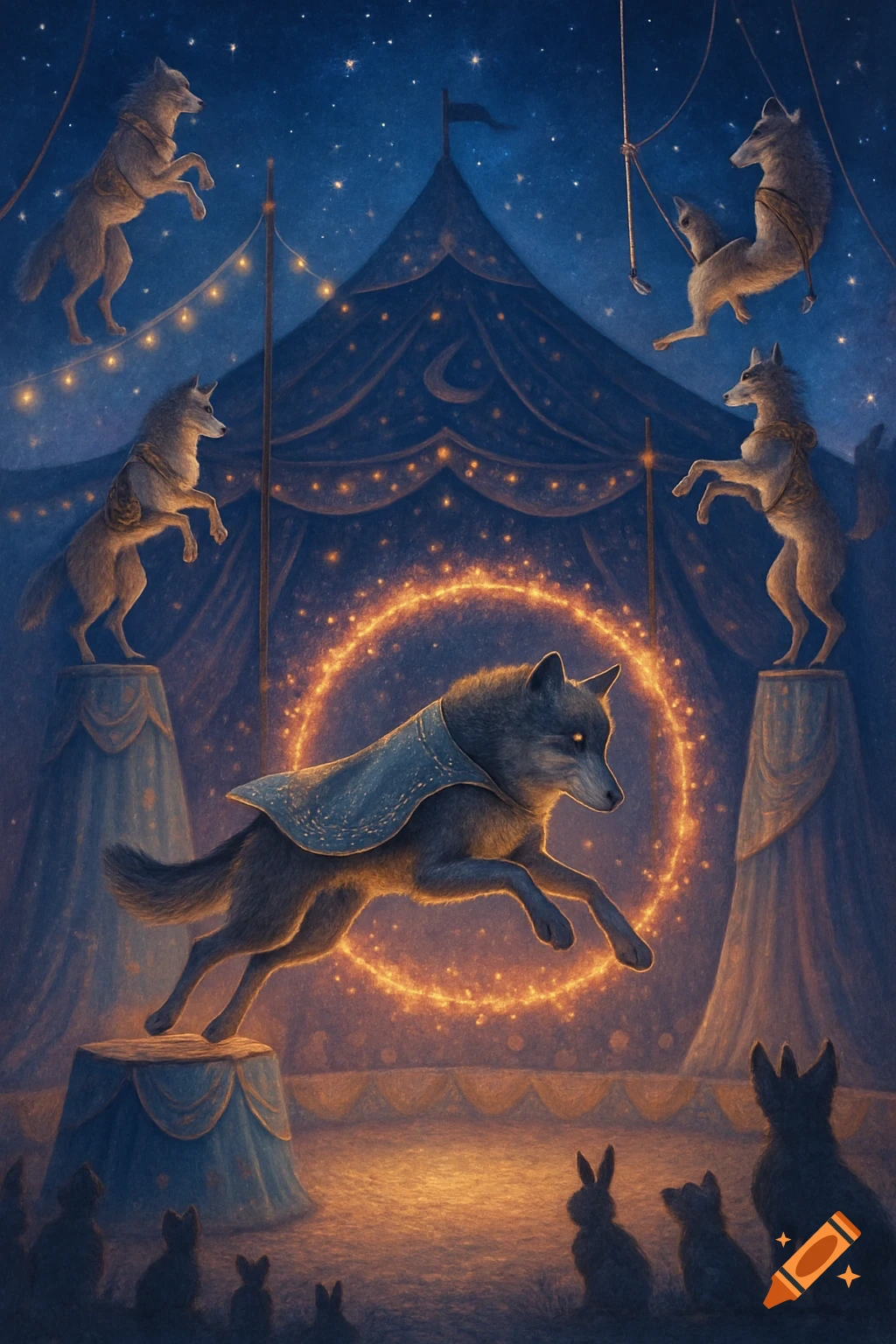 An illustrated fantasy scene of wolves performing in a circus under a starry night sky. A wolf jumps through a glowing ring, while others stand on pedestals and a trapeze swing.