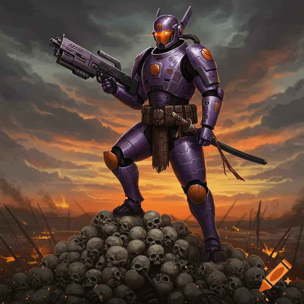 A purple armored futuristic warrior with a rifle and samurai sword stands on a pile of skulls against a fiery, smoke-filled sunset.