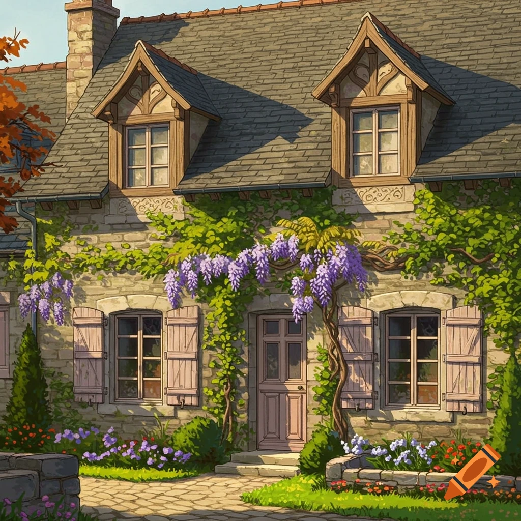 Illustrated traditional stone house with purple wisteria vines, green ivy, and a garden path.