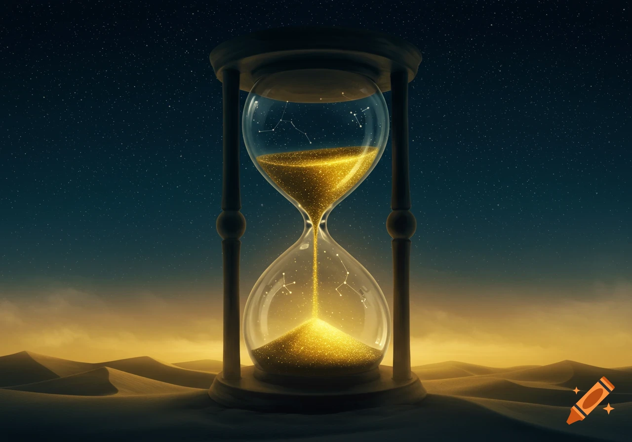A magical hourglass with sparkling golden sand set against a desert landscape under a starry night sky.