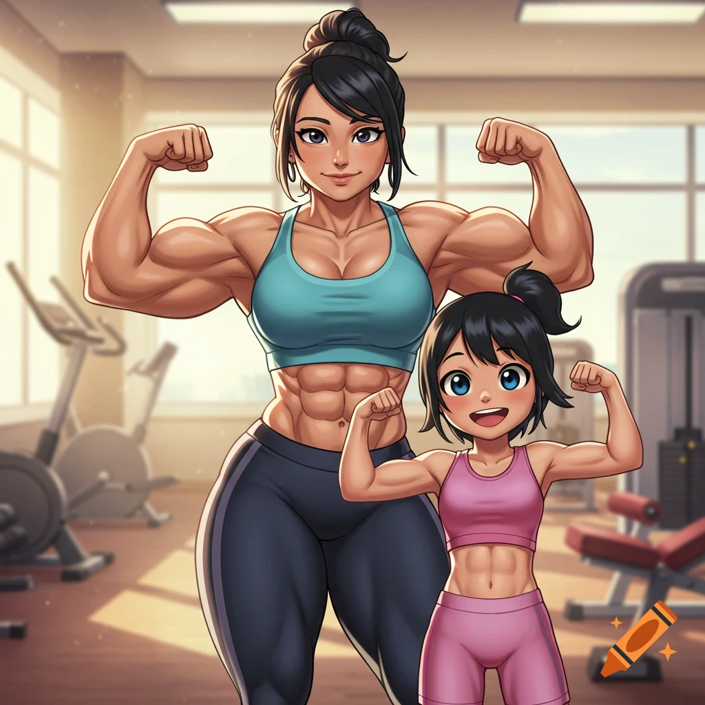 An anime illustration of a muscular woman and a girl flexing their biceps in a brightly lit gym.