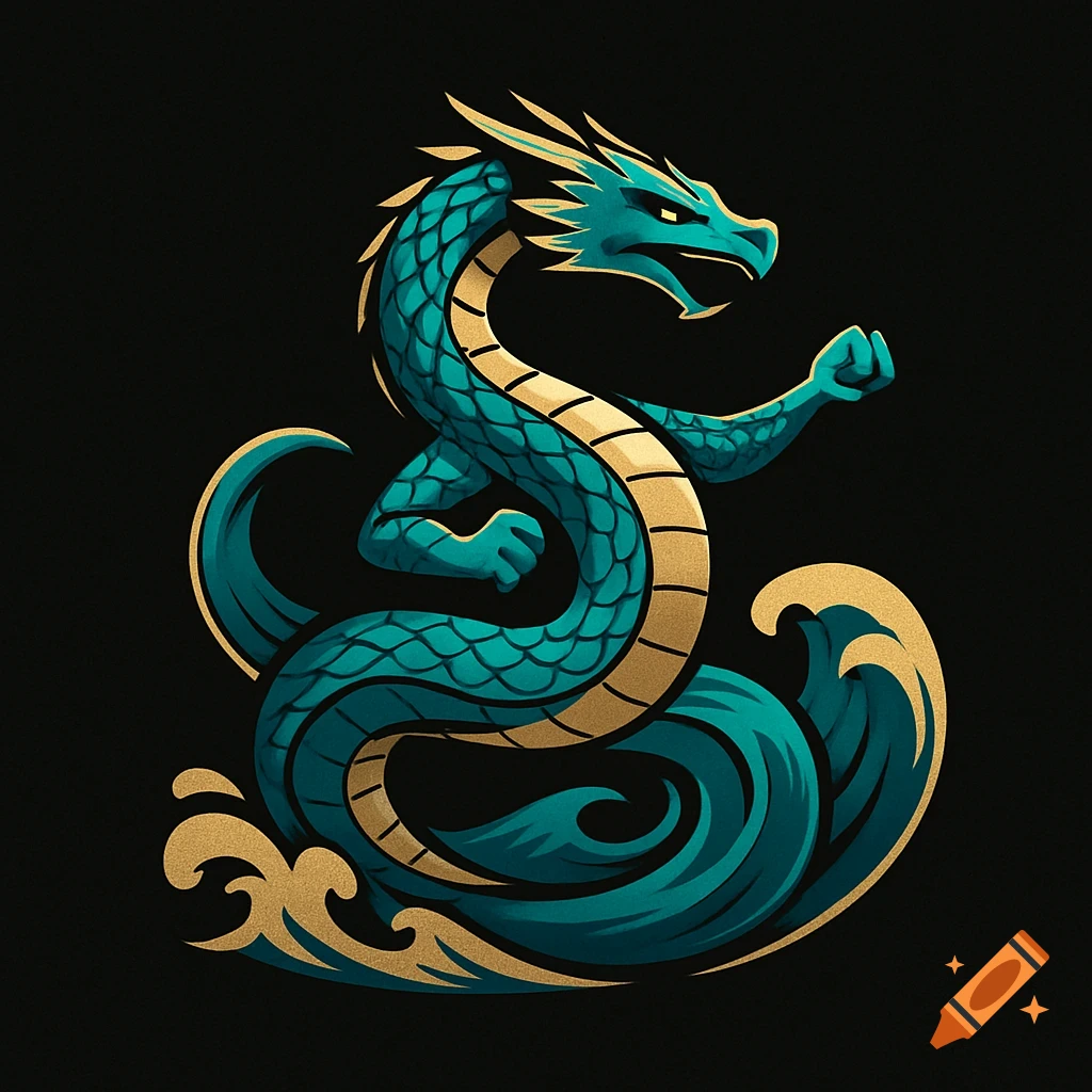 A stylized teal and gold sea serpent in a martial arts pose, with golden waves at its base, on a black background.