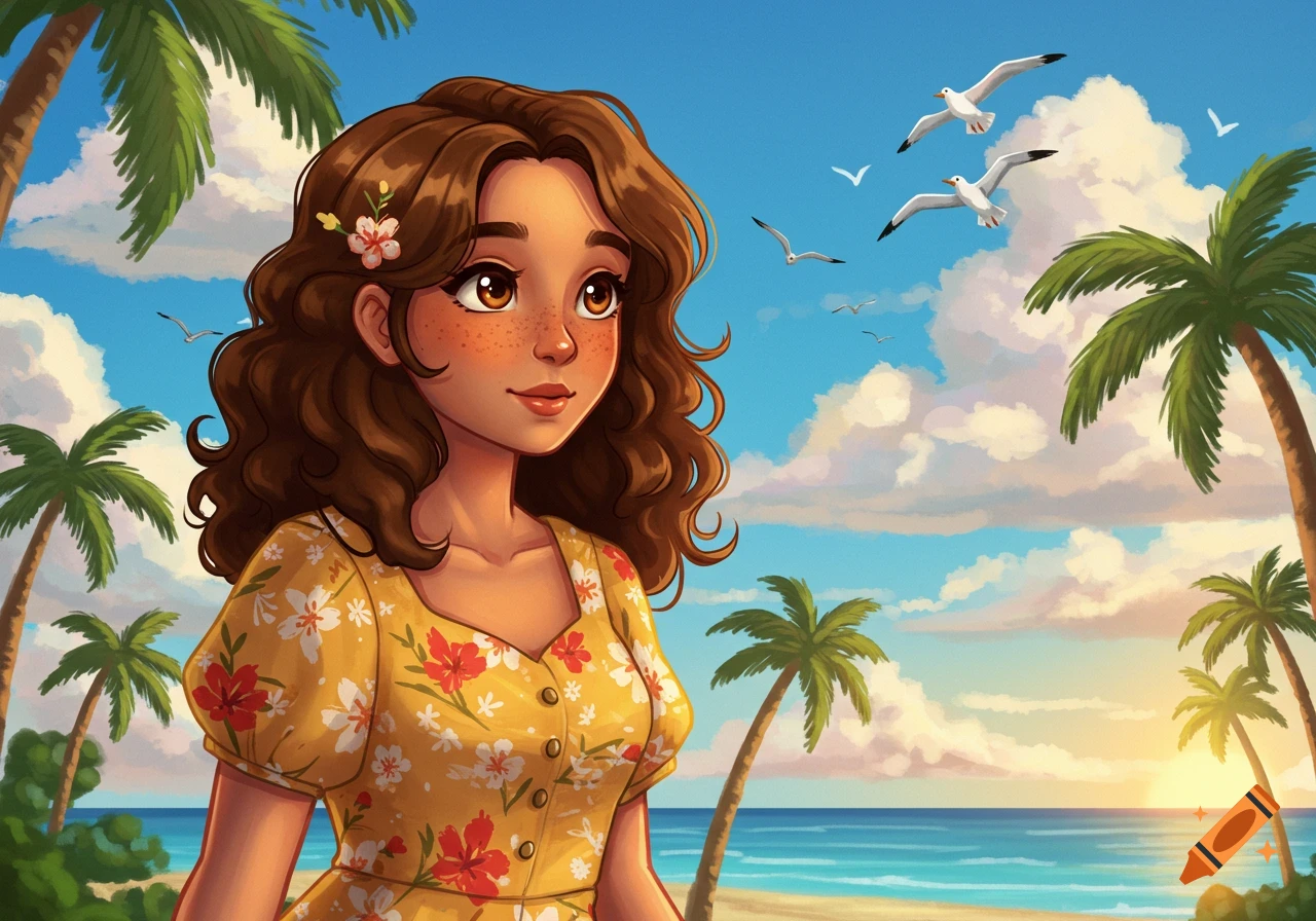 An illustration of a girl with brown curly hair and freckles, wearing a yellow floral dress, on a sunny beach with palm trees and seagulls.