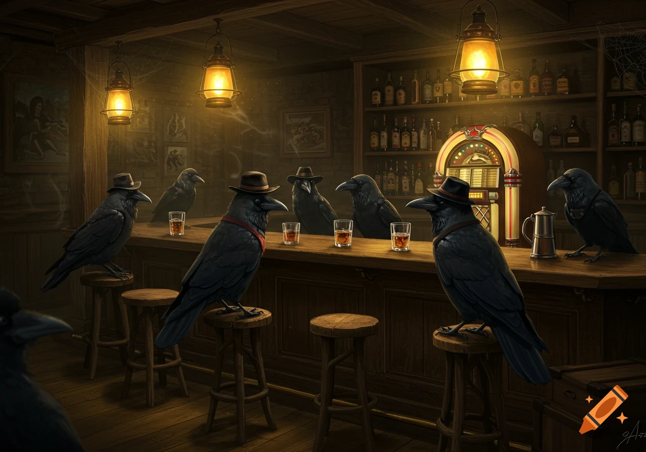 A group of anthropomorphic crows wearing hats sit at a dimly lit bar, each with a drink, with a jukebox in the background.