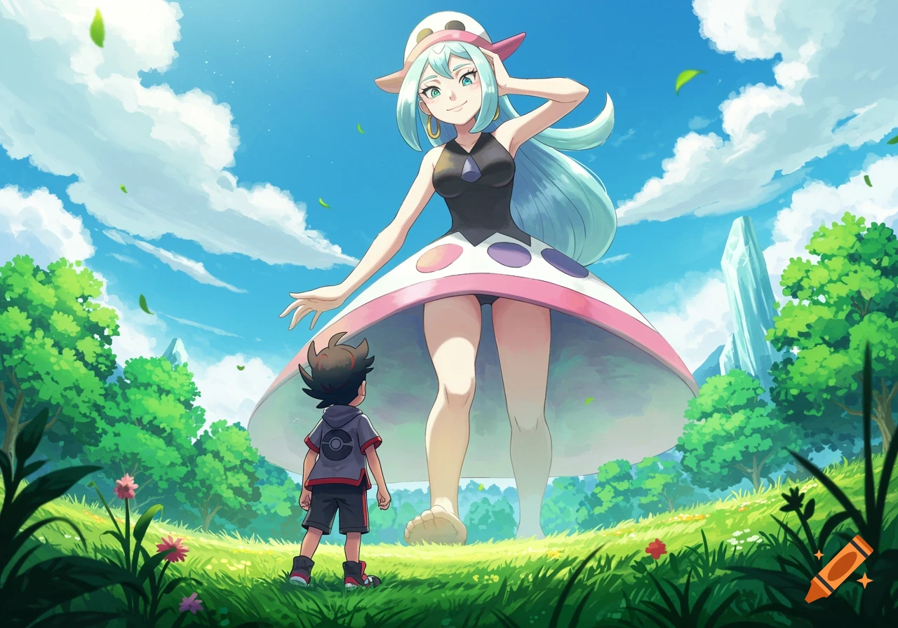 Giantess Chloe from Pokemon smiles down at a tiny Goh in a vibrant green field under a blue sky.