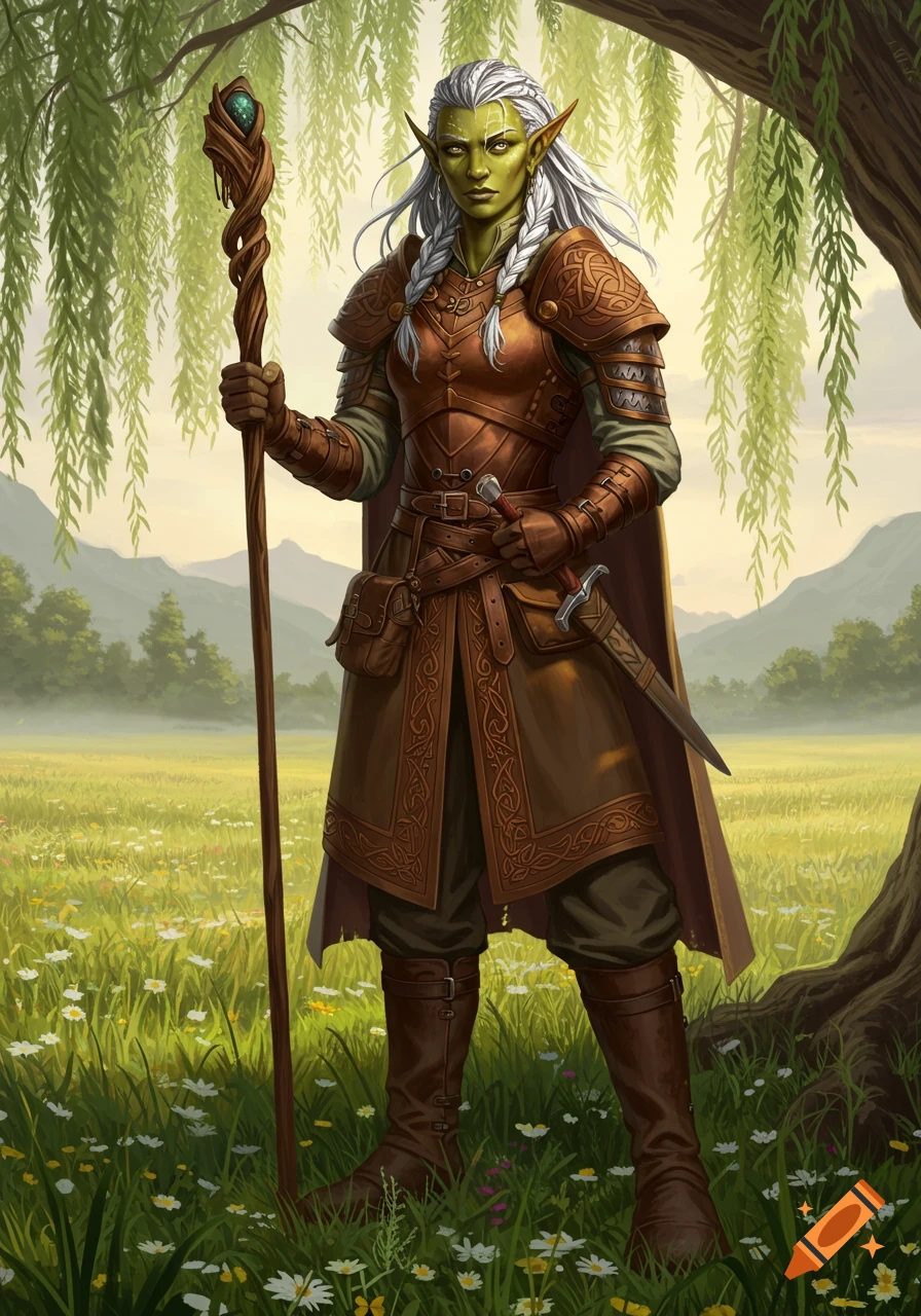 A fantasy illustration of a green-skinned female fighter with white hair, in armor, holding a staff in a field.