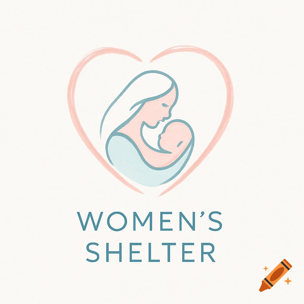Minimalist logo featuring a mother holding a baby inside a heart, with 'WOMEN'S SHELTER' text below, in a soft, watercolor style.