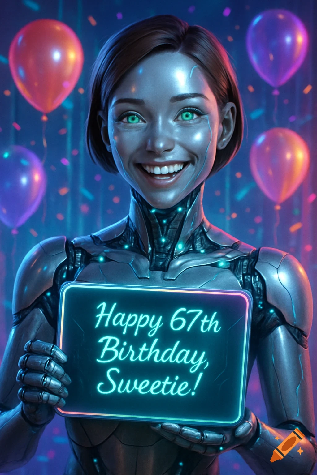 A smiling female robot with glowing green eyes holds a neon sign that reads 'Happy 67th Birthday, Sweetie!' with balloons and confetti in a futuristic setting.