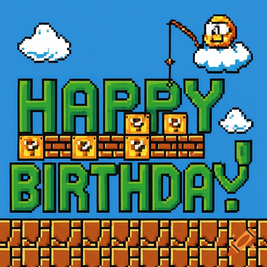 Pixel art Super Mario Bros. scene with green block letters spelling "HAPPY BIRTHDAY!" among question blocks, brick platforms, clouds, and Lakitu.