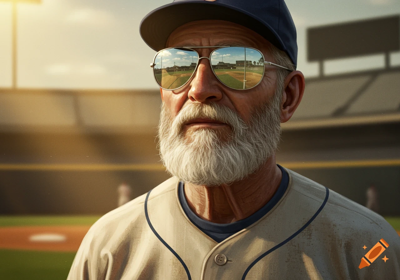A photorealistic portrait of an old bearded baseball player wearing aviator sunglasses, with a baseball field reflected in the lenses.