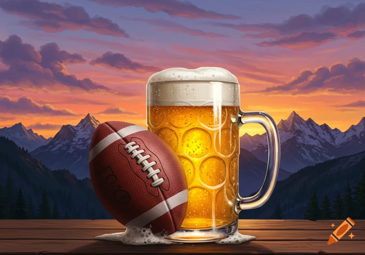 A football leaning against an overflowing mug of beer on a wooden table, with mountains and a sunset sky in the background.