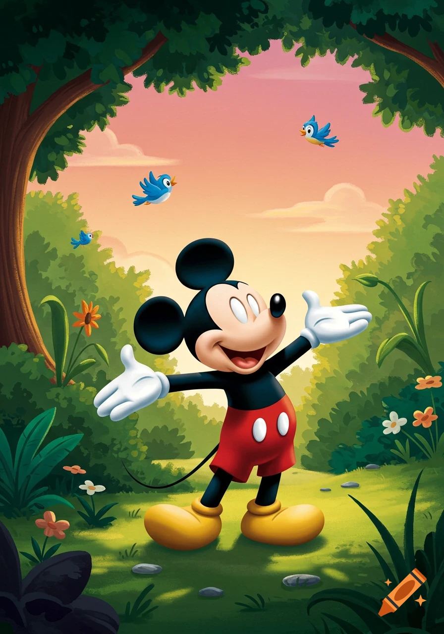 Mickey Mouse stands happily with arms wide open in a vibrant green forest with blue birds flying above.