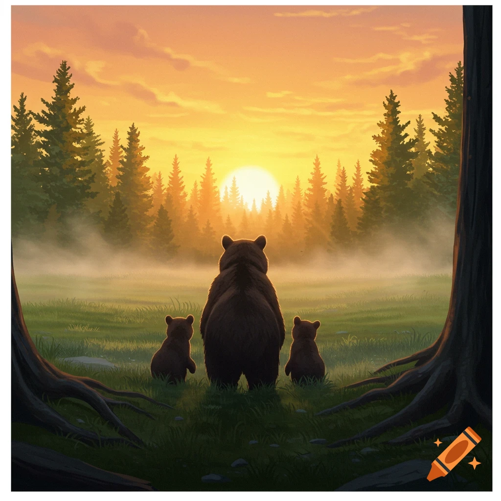 An adult bear and two cubs from behind, watching a vibrant sunrise over a misty forest. Digital art.