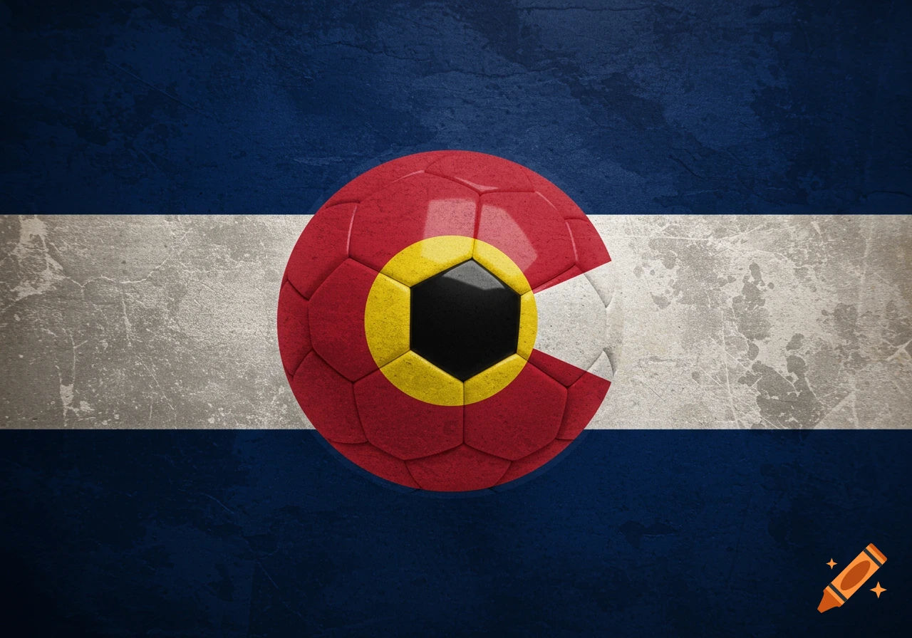 A soccer ball featuring the design of the Colorado state flag against a textured blue and grey background.