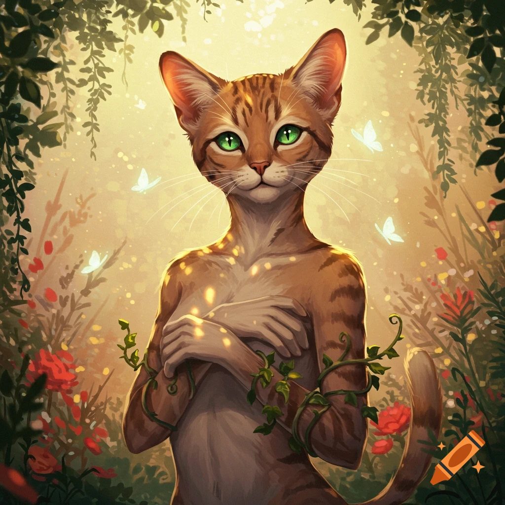 An illustrative cat with a human torso and green eyes, standing in a sunny, vine-filled forest with butterflies.