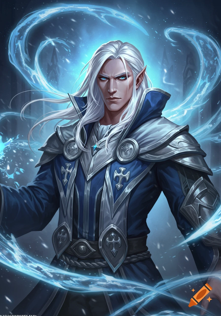 A powerful male elf with long white hair, blue eyes, and pointed ears, wearing blue and silver armor with glowing blue magic swirling around him.