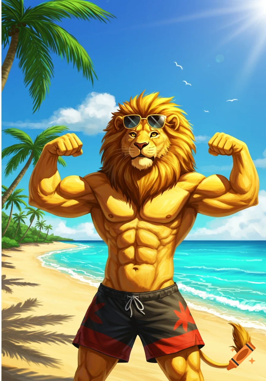 A muscular anthropomorphic lion wearing sunglasses and swim trunks flexes on a sunny tropical beach.