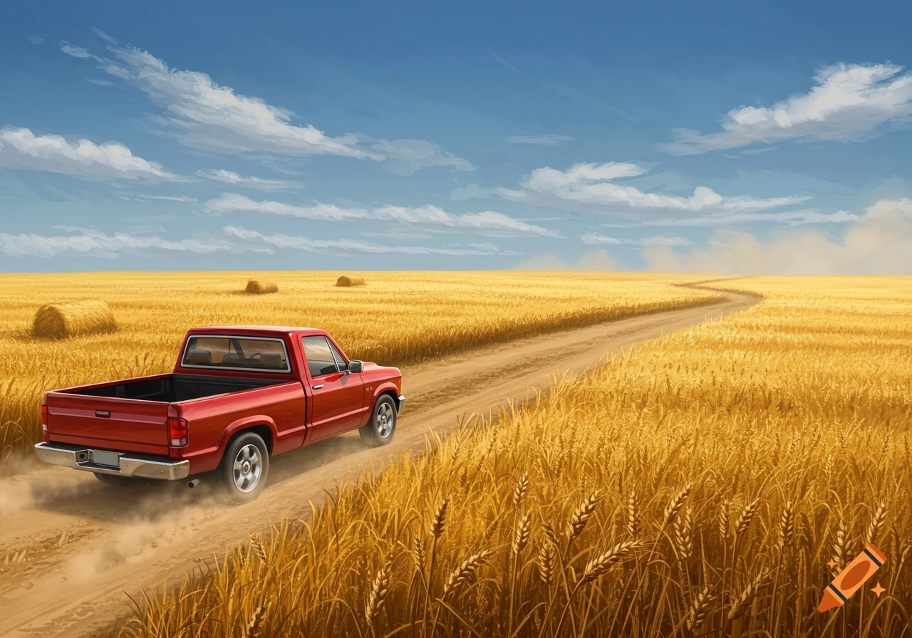 A red pickup truck drives on a dirt road through a golden wheat field under a blue sky.