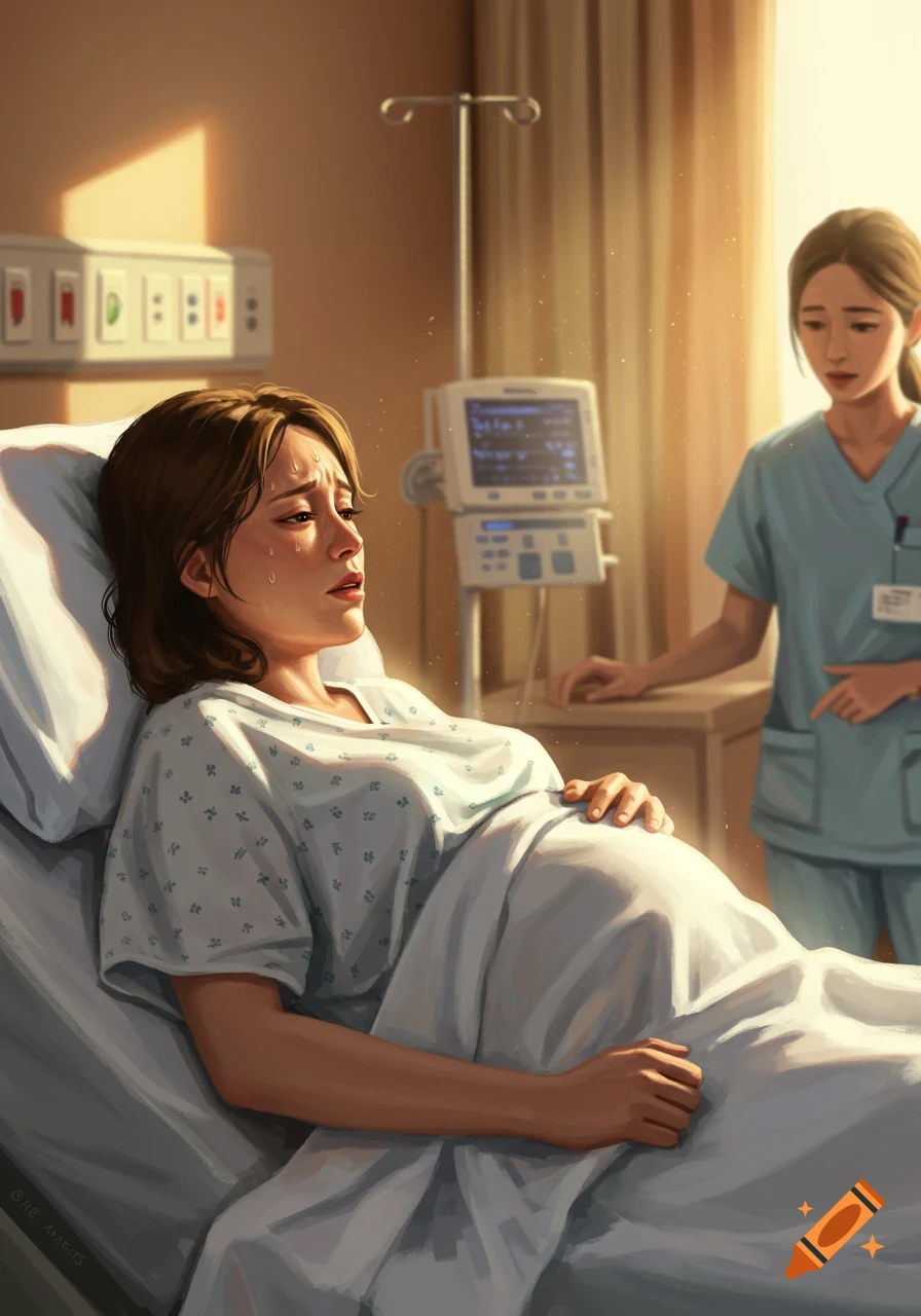 An illustration of a pregnant woman crying in a hospital bed with a nurse standing nearby.