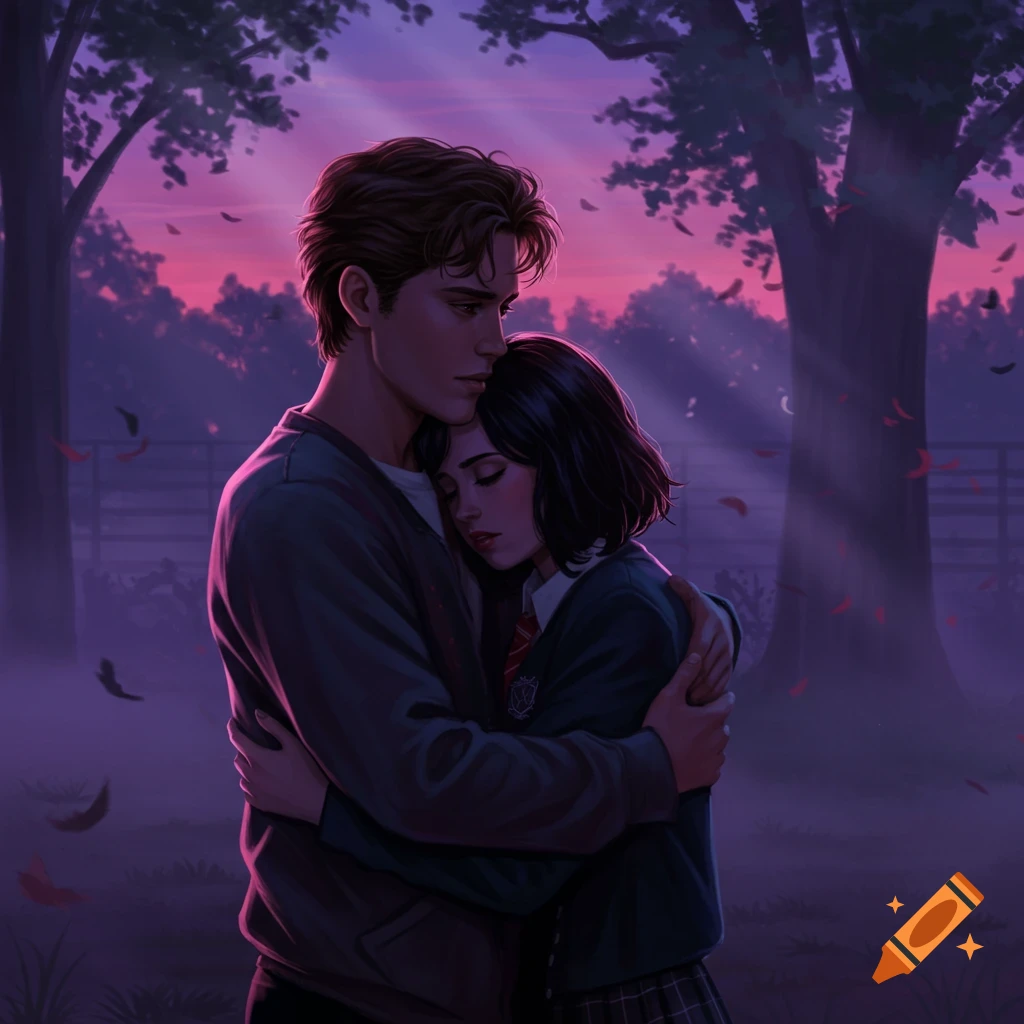 A young man embraces a young woman under a purple and pink sunset, with trees in the background, in a digital art style.