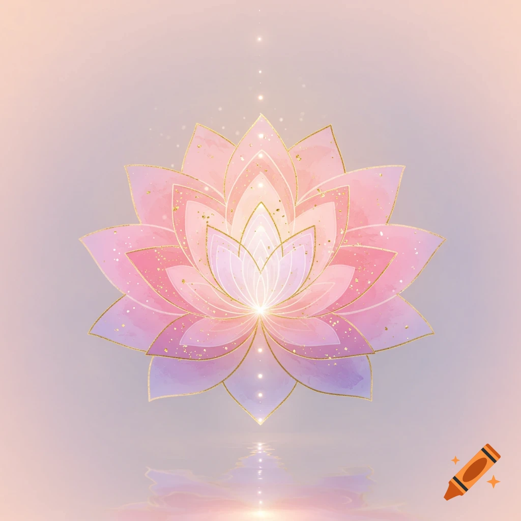 A stylized pink and purple lotus flower with gold outlines and sparkling details, reflecting in water, on a soft gradient background.