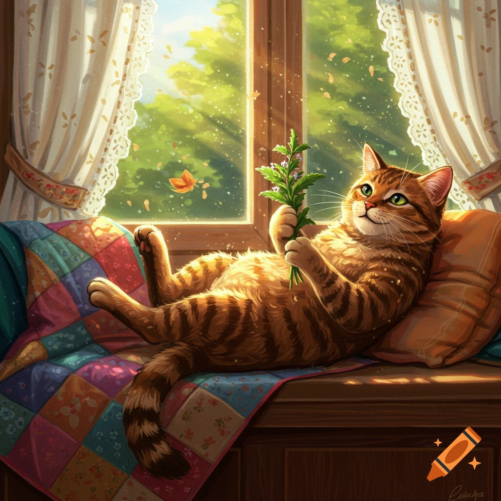 A ginger tabby cat lounges on a window seat with a patchwork quilt, holding a sprig of catnip in a bright, sunny room. Digital painting.