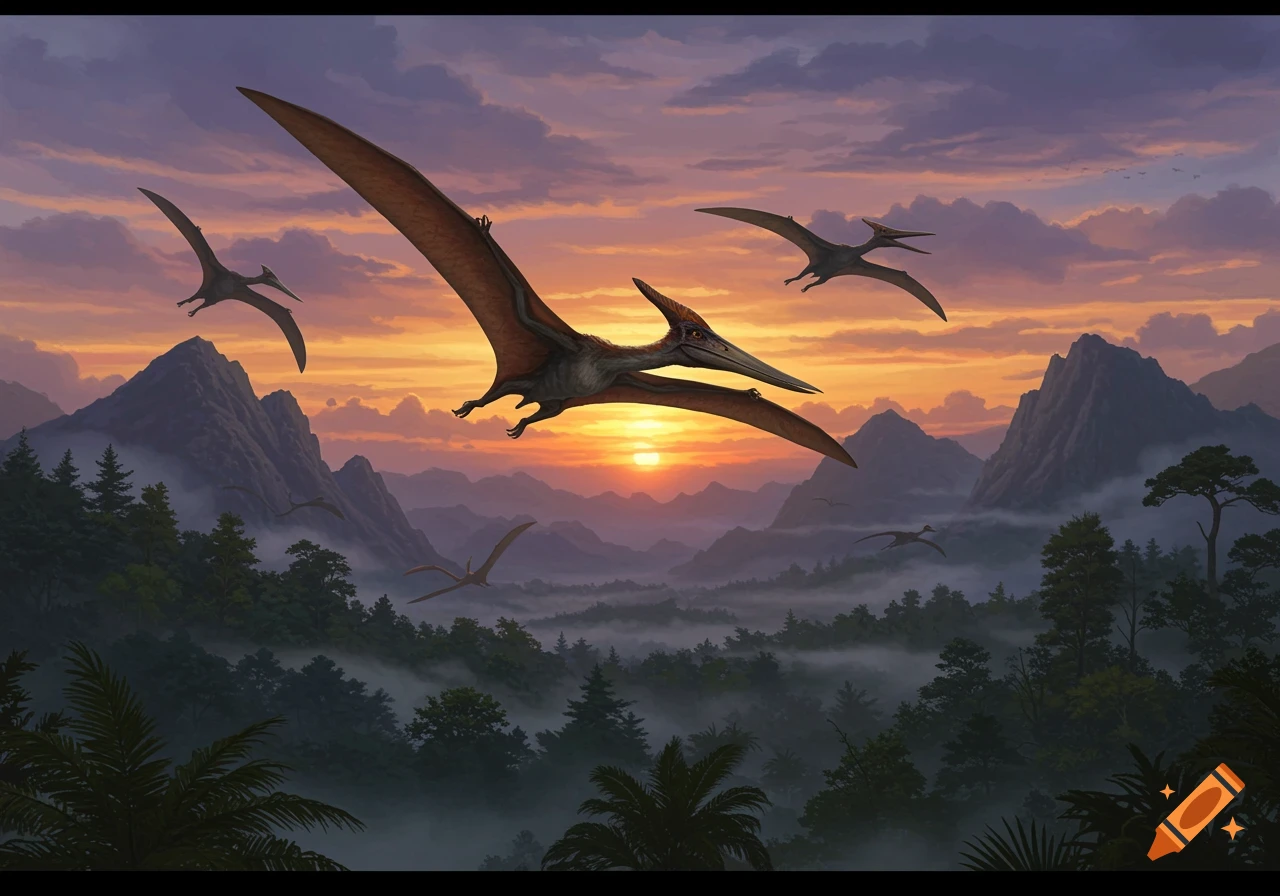 Pterosaurs fly over a misty, mountainous forest at sunset. The sky is a blend of orange, pink, and purple hues.