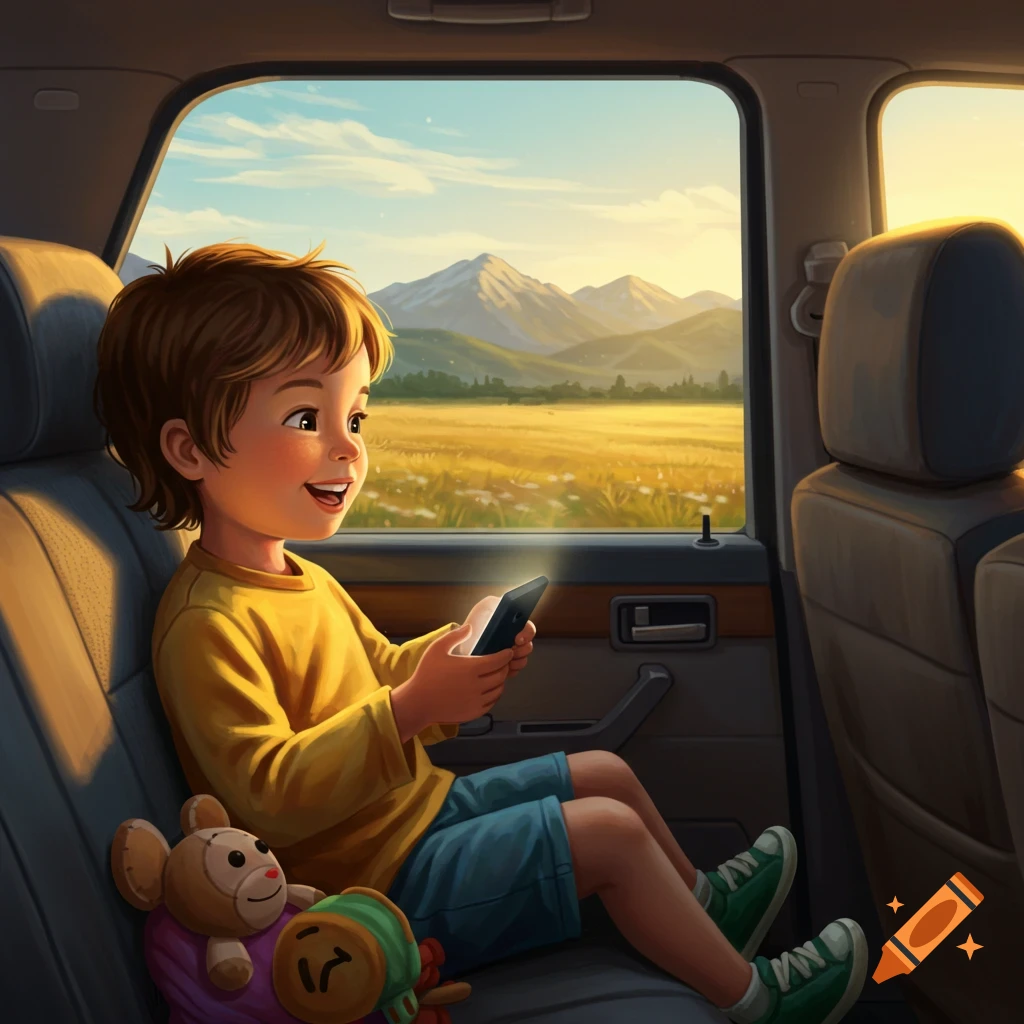 An illustrated image of a young boy looking at his phone in the back seat of a car, with mountains and fields visible outside the window.
