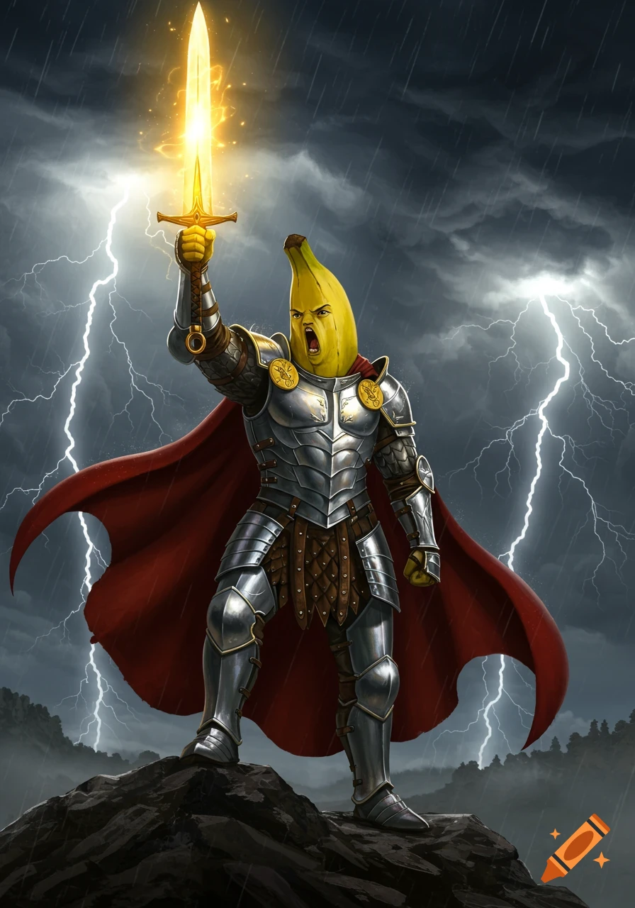 A banana-headed knight in shining armor holds a glowing sword aloft on a rocky peak, with lightning striking in a stormy sky.