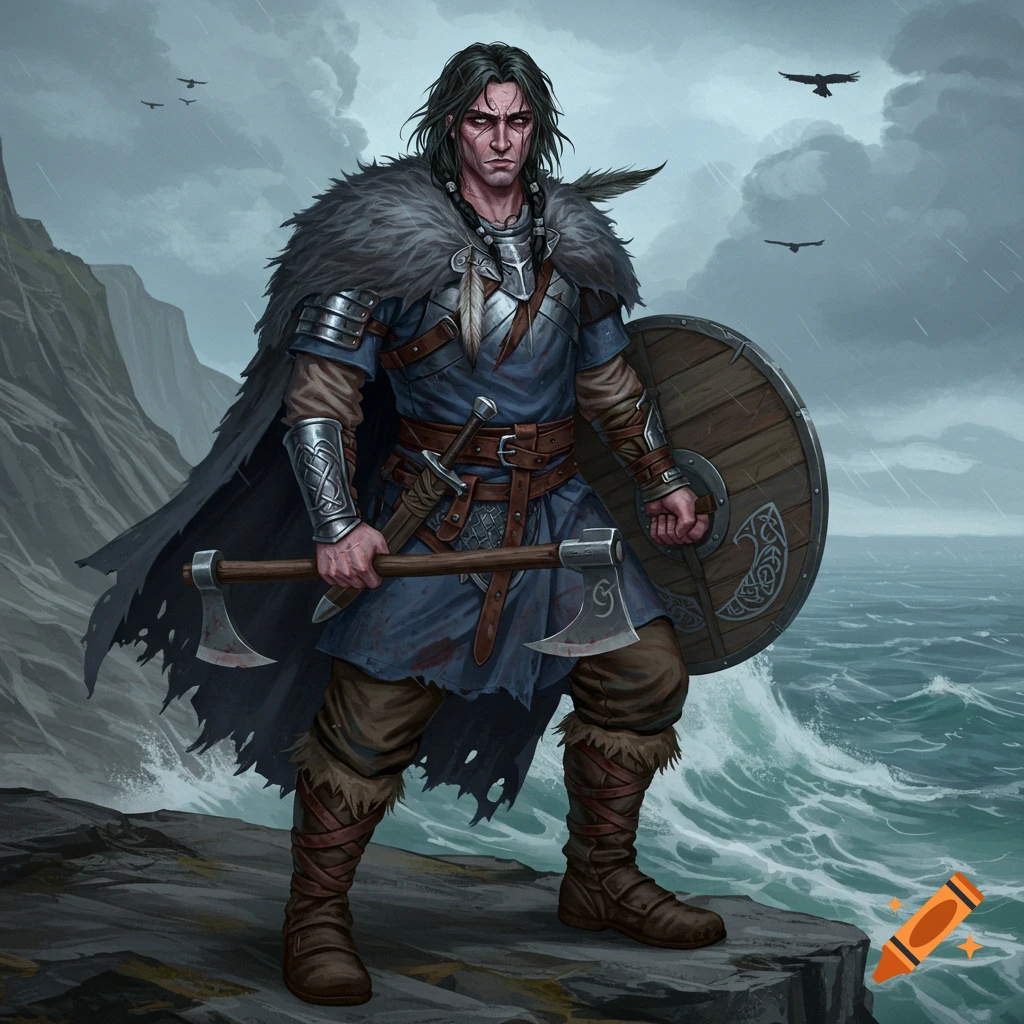 A dark-haired warrior in fur and armor stands on a rocky cliff, holding an axe, with a shield, overlooking a stormy sea.
