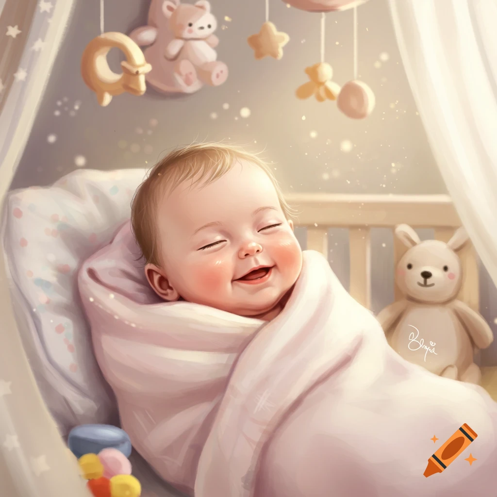 A cute baby wrapped in a pink blanket, smiling with eyes closed in a crib with a mobile and toys. Illustration style.