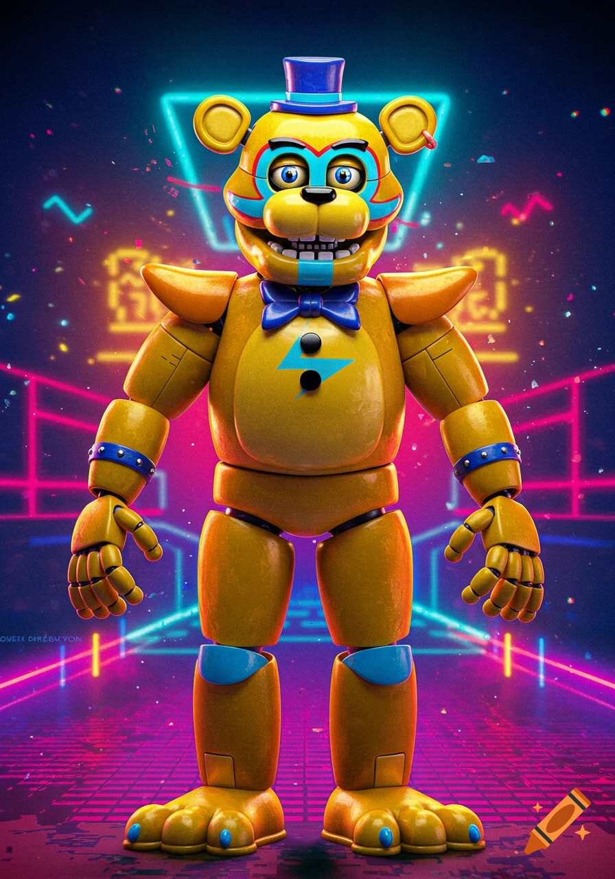 A vibrant image of a yellow animatronic bear wearing a blue bowtie and top hat, standing in a dark room illuminated by colorful neon lights.