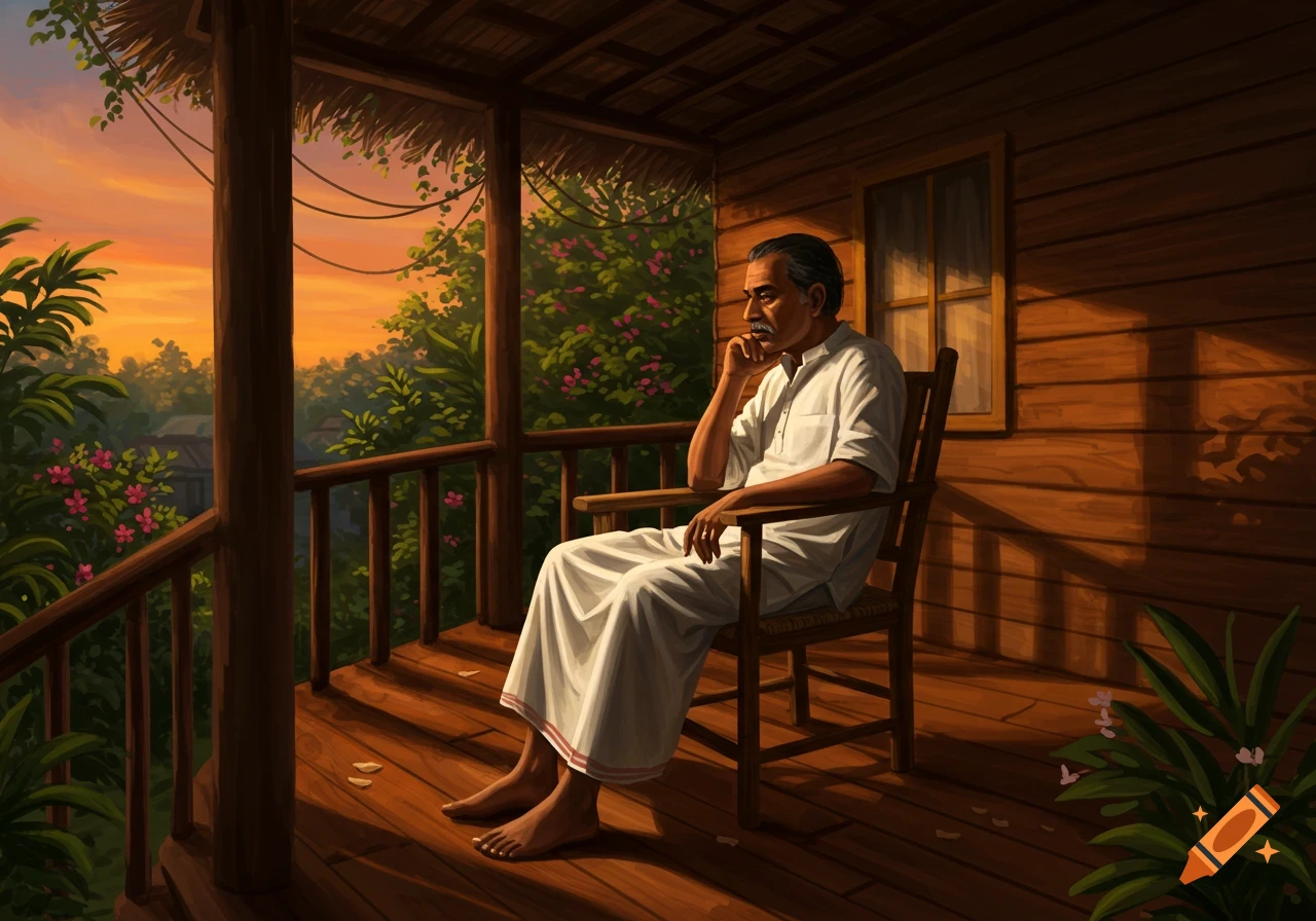 An Indian man sits on a wooden porch at sunset, looking pensive.