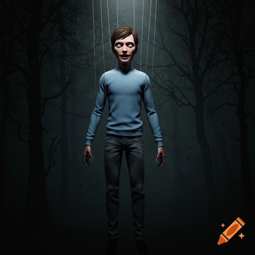 A scary marionette puppet with white eyes and an evil smile hangs by strings in a dark, creepy forest.
