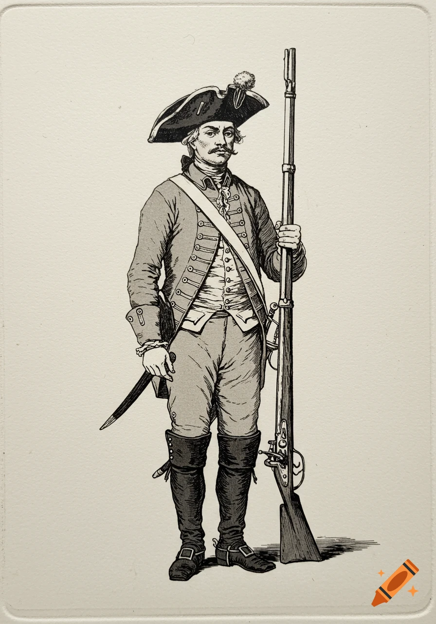 A full-body black and white etching of a Spanish soldier in a tricorn hat, holding a long rifle.
