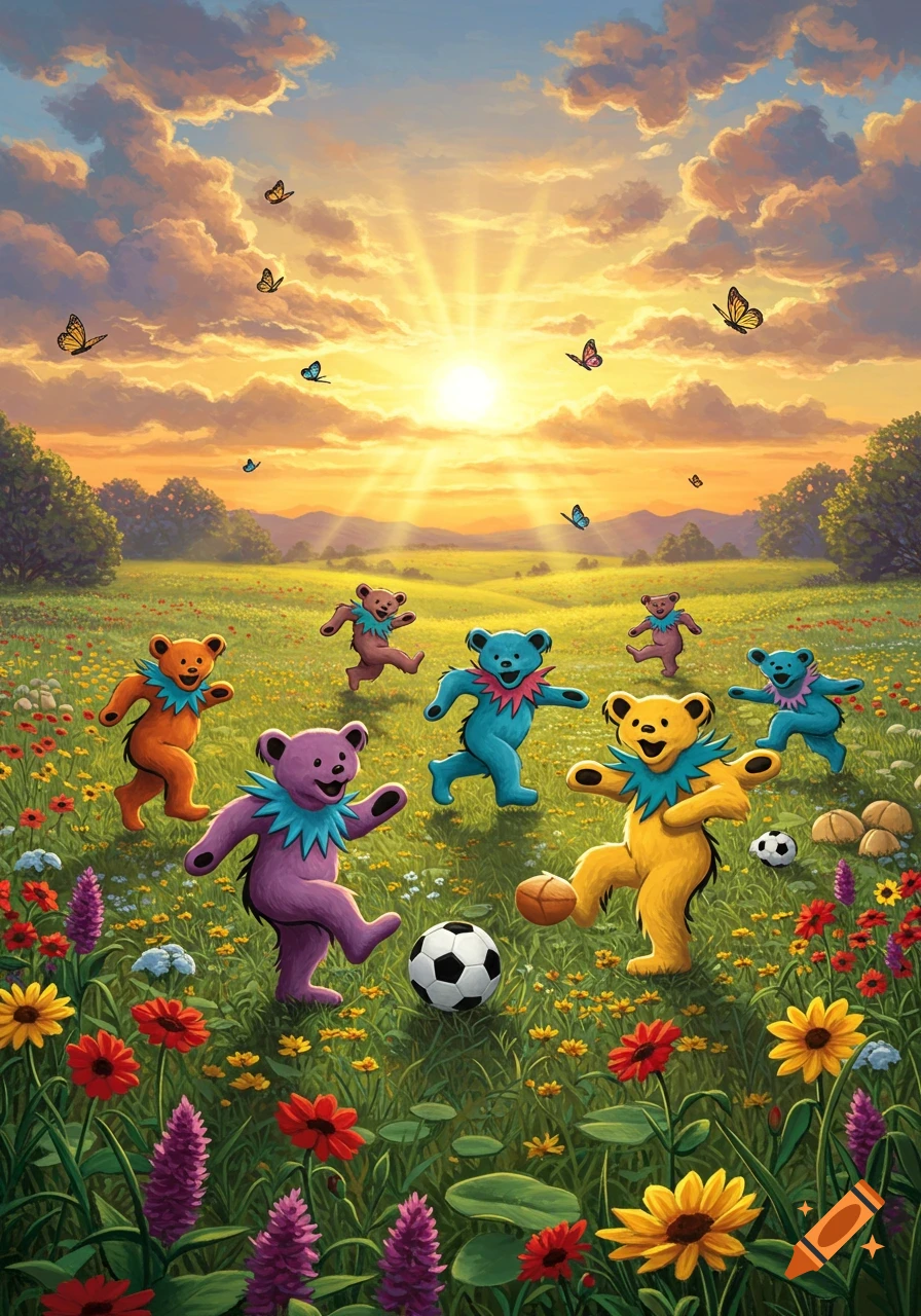 Colorful stylized bears play soccer in a vibrant flower field at sunset with butterflies.