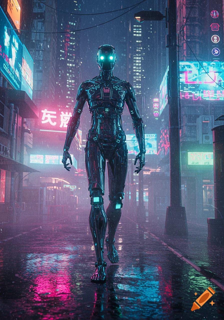 A sleek black robot with glowing blue eyes walks on a wet street in a futuristic city at night, bathed in neon pink and blue light reflections.