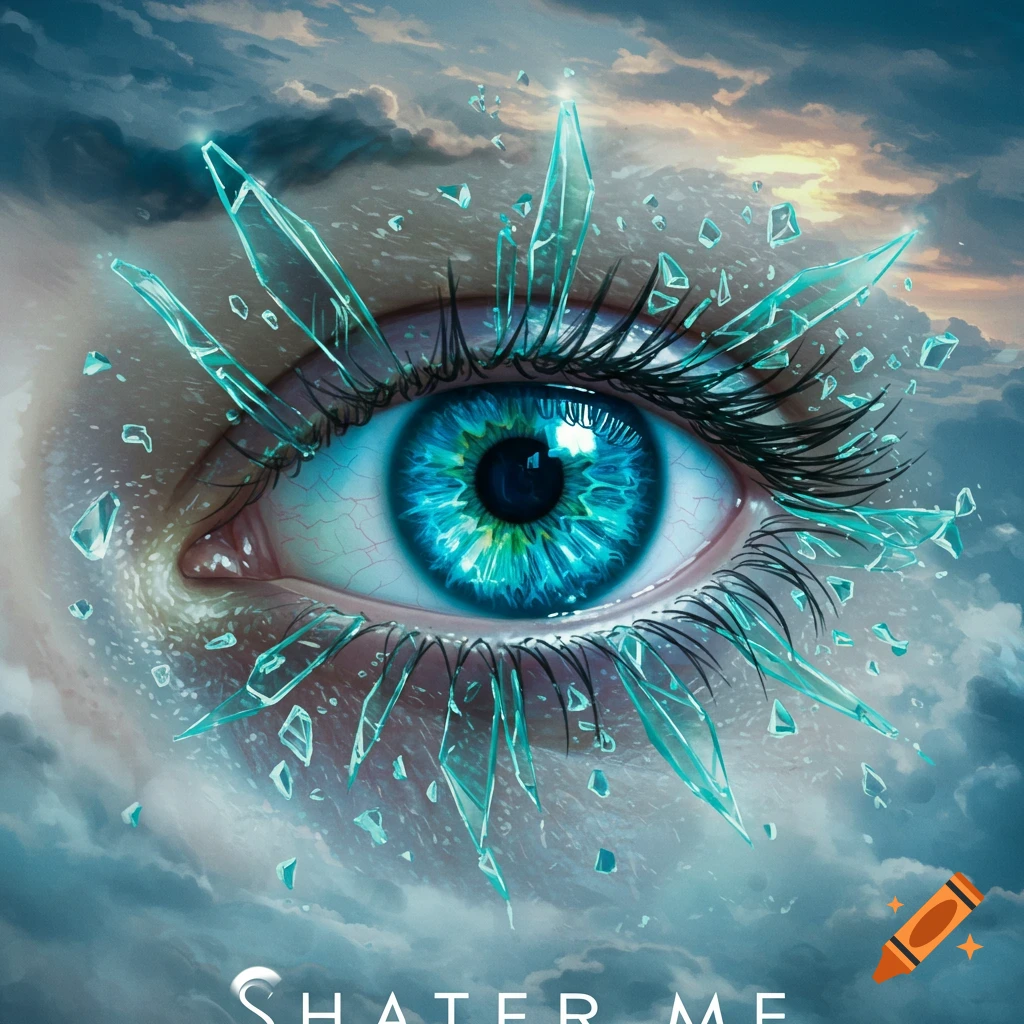 A detailed blue-green eye with long lashes, surrounded by glowing turquoise glass shards, set against a dramatic cloudy sky.