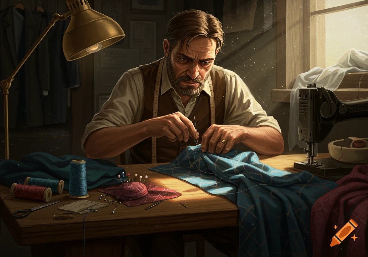 A bearded man with a worried expression intently stitches blue fabric by hand at a wooden table in a dimly lit workshop, surrounded by spools of thread, a pincushion, and a sewing machine.
