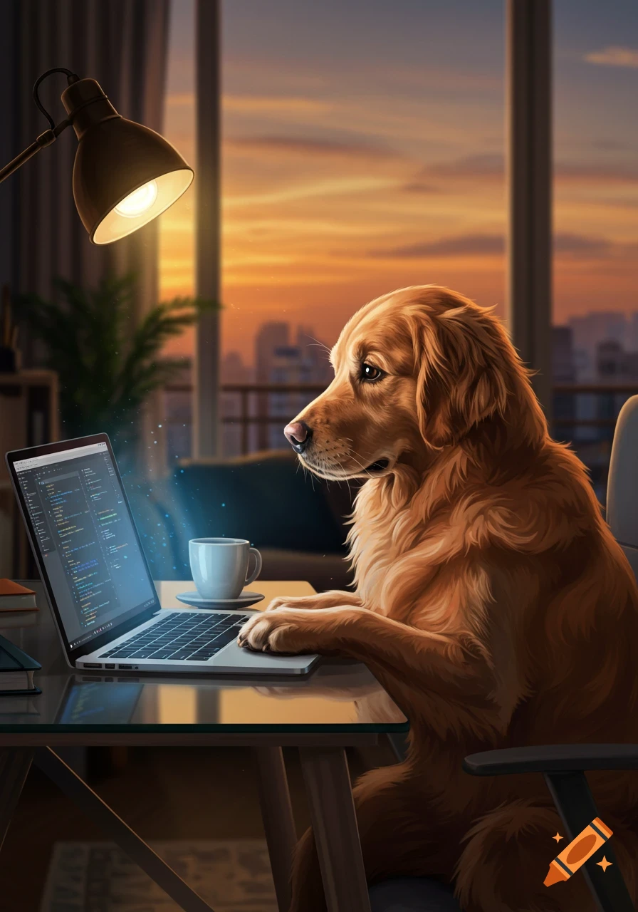 A golden retriever dog sits at a desk, typing on a laptop with glowing code on the screen, silhouetted by a sunset through a window. Stylized art.