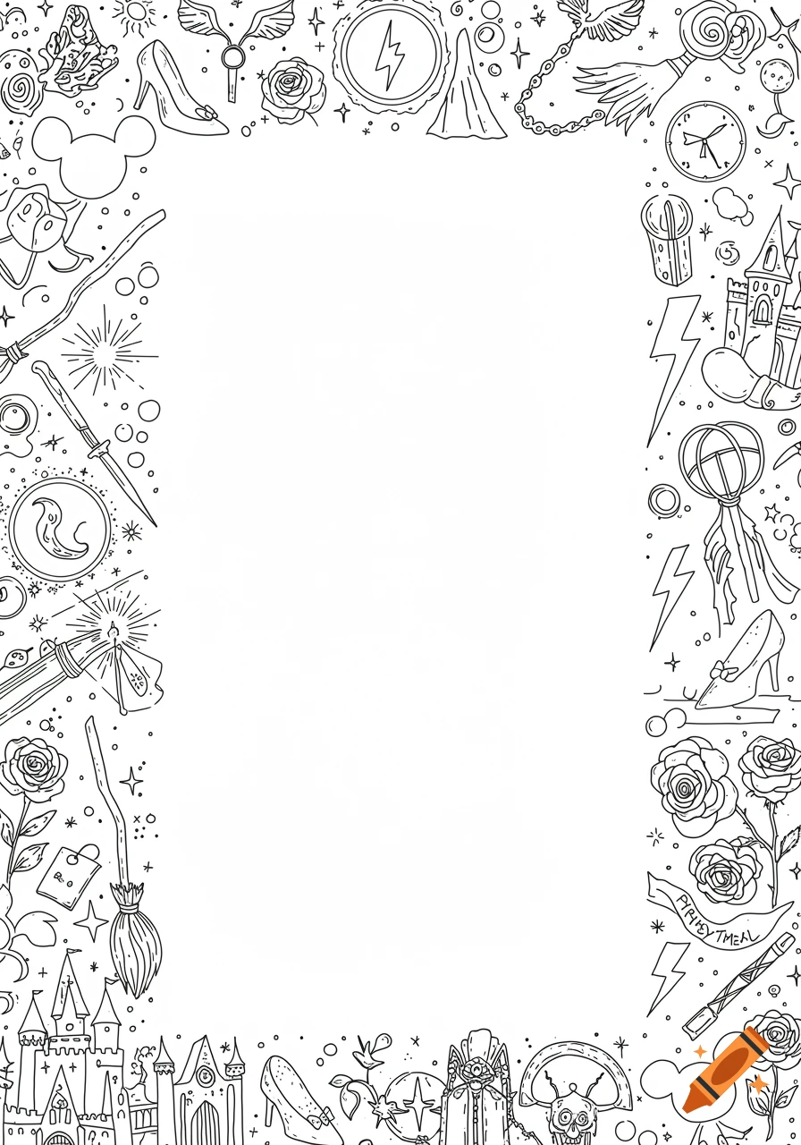 A black and white outline drawing forming a border around a blank center, filled with various fantasy doodles like castles, wands, glass slippers, broomsticks, and lightning bolts.